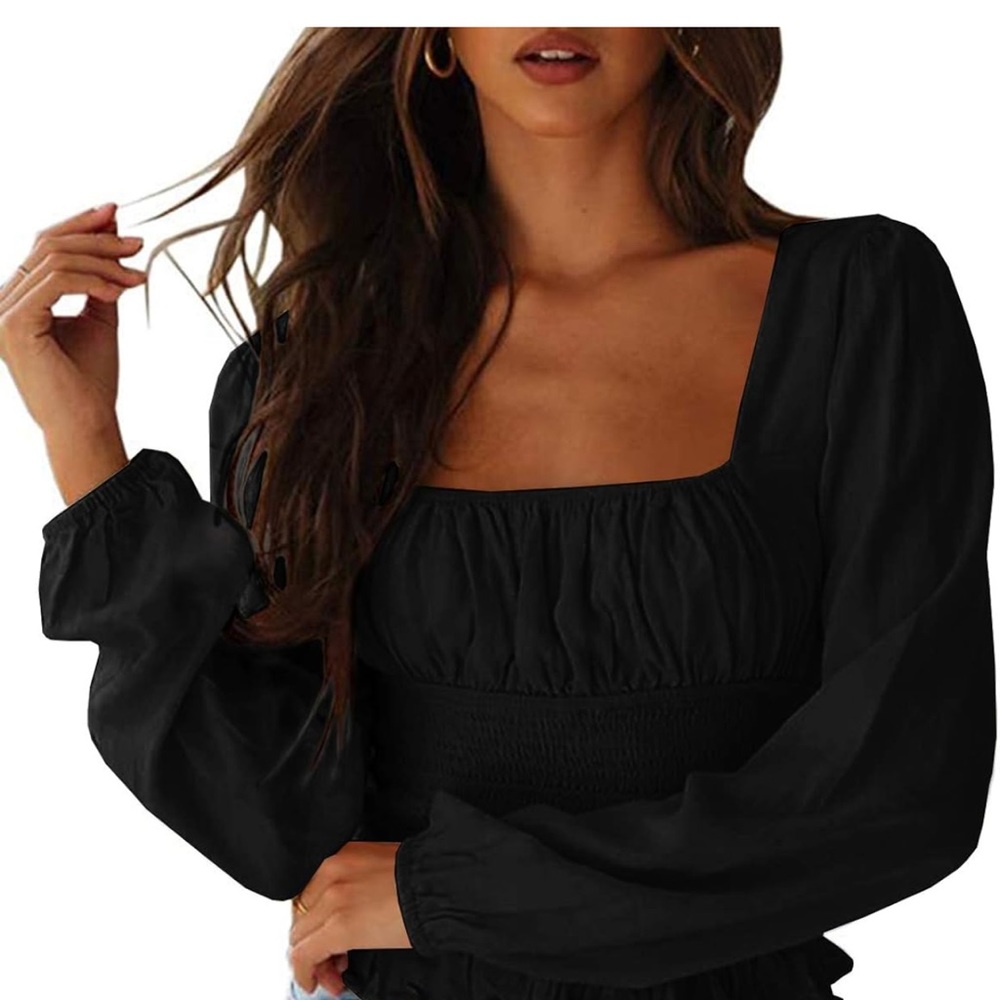 Black Smock Crop Top Retro Square Neck Long Sleeve S